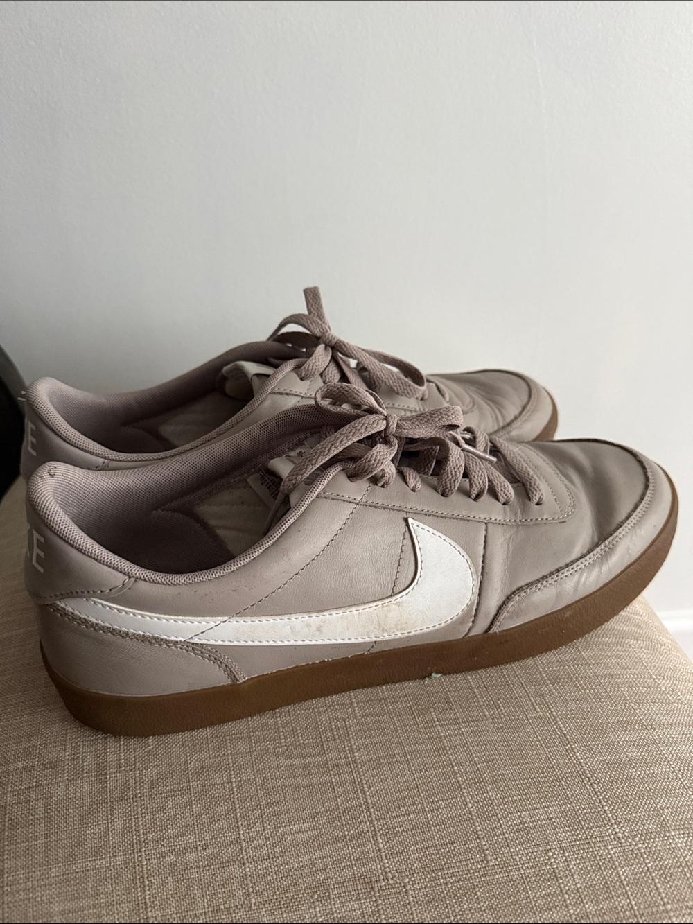 Nike Men’s Taupe Leather Sneakers with White Swoosh